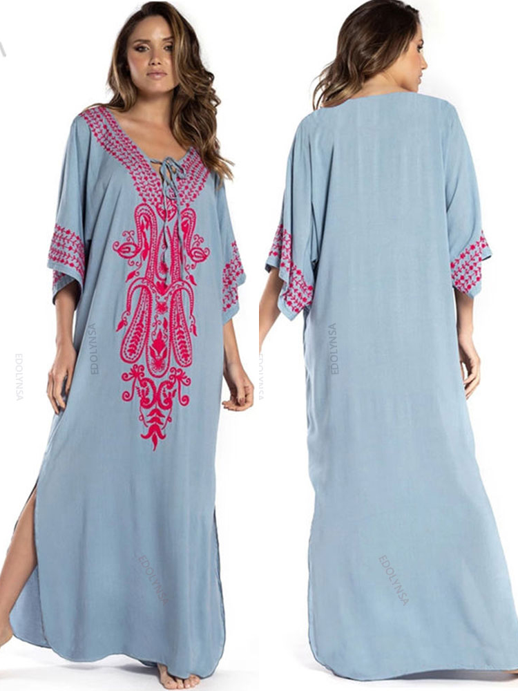 Robe d'été brodée Indie Folk 2026 à manches courtes, tunique en coton, caftan de plage, tenue de plage pour femme, paréo de maillot de bain, robe de plage