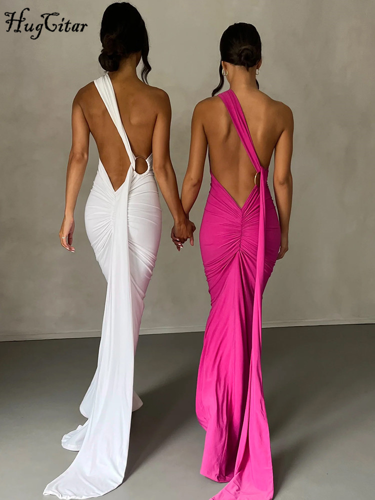 Hugcitar – robe Maxi asymétrique épaule dénudée, dos nu, écharpe réglable, froncée, Sexy, élégante, Y2K, Streetwear, tenue de Festival
