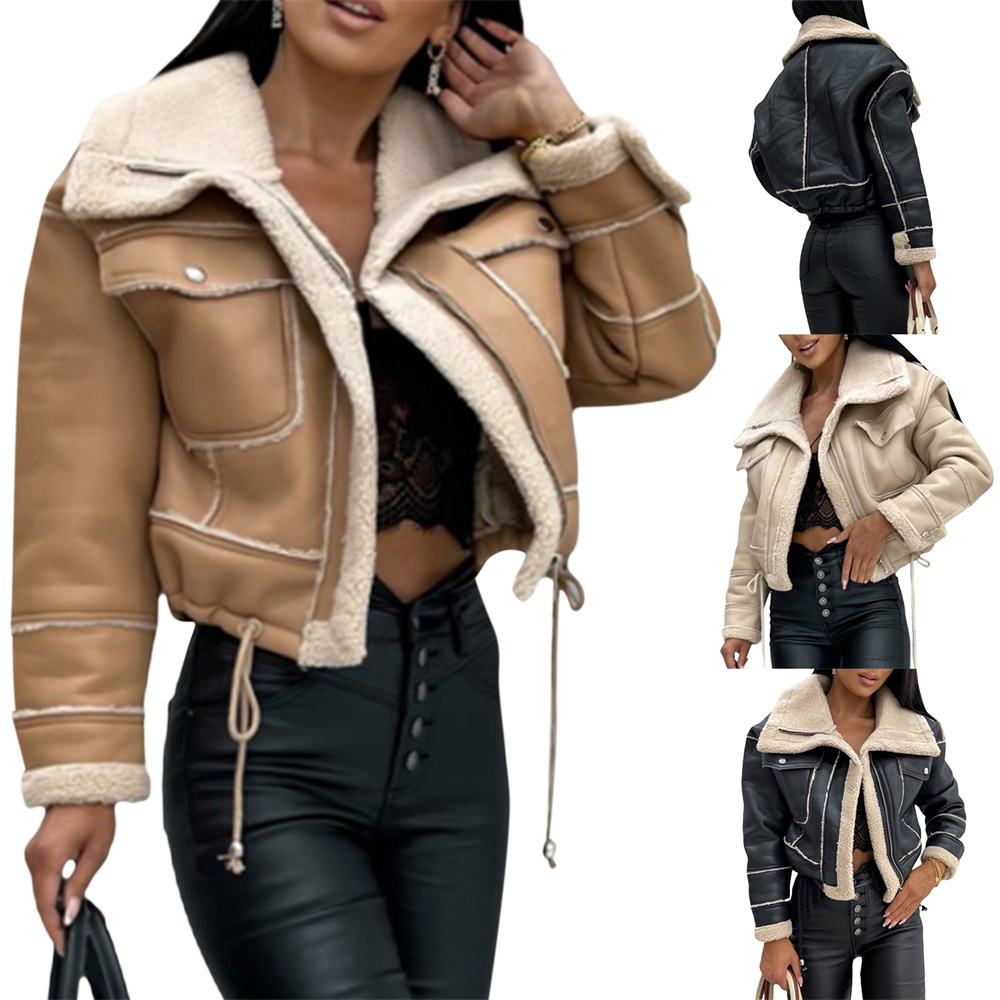 Veste en peluche patchwork PU pour femme, manches longues, fermeture éclair, combinaison courte, streetwear chaud avec poches, vêtements d'extérieur à la mode, hiver