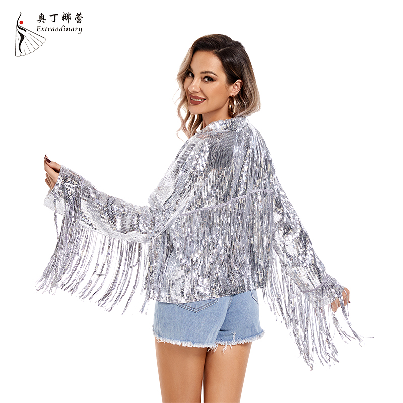 Veste à Paillettes à Manches sulfpour Femme, Punk, Pampille Scintillante, Revers, Ouvert sur le Devant, Blazer Gothique, Fille, CombY2K