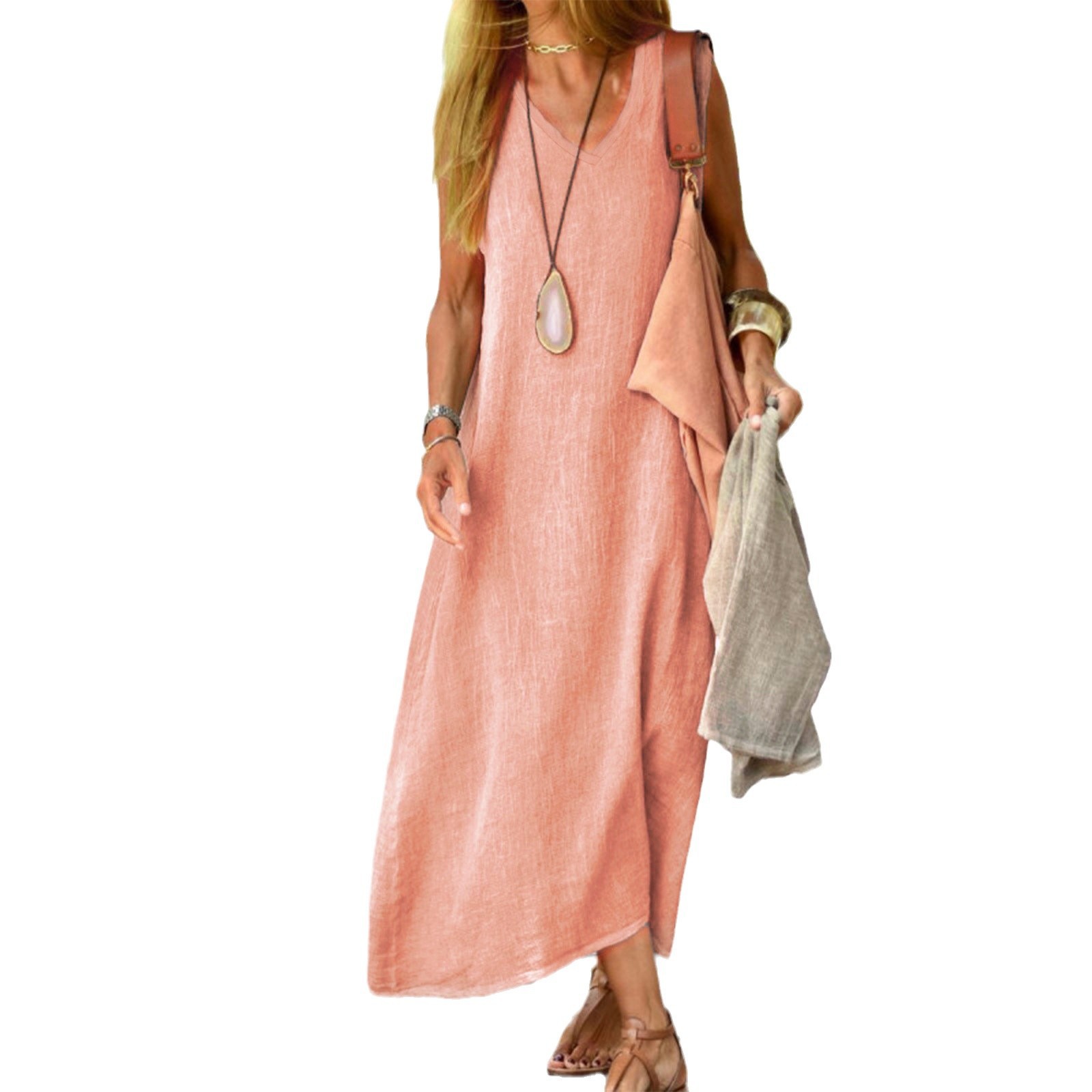 Robes pour femmes 2026 Nouvelle collection été Coton Lin Couleur Unie Col V Sans Manches Longues Robes Vêtements Femme Vestidos