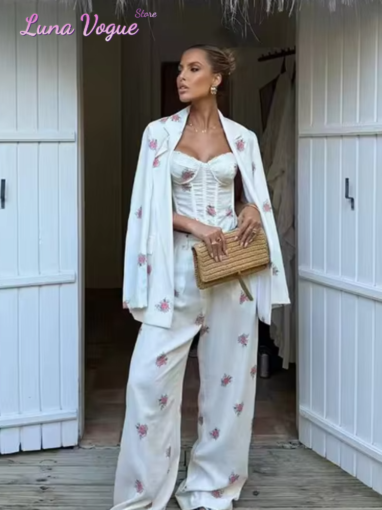 Ensemble 3 Pièces Imprimé Floral Beige pour Femme : Veste, Corset et Pantalon Large – Tenue Élégante pour Bureau et Soirée 2026