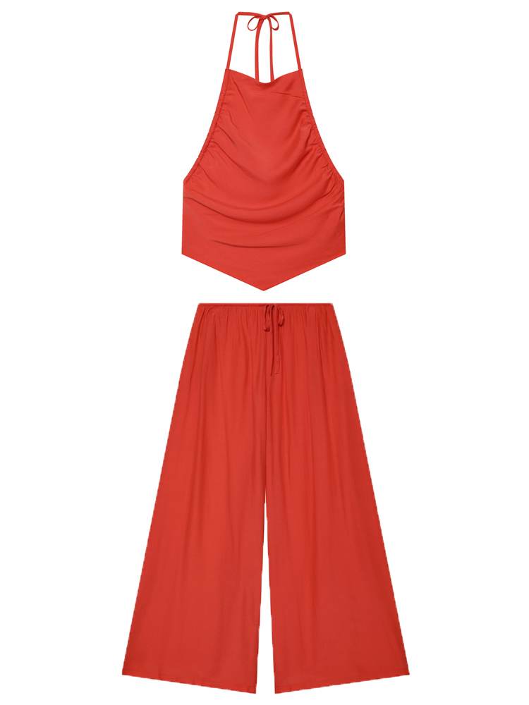 Ensemble pantalon et haut pour femme, pantalon rouge à jambes larges et haut court sexy à bretelles, ensemble 2 pièces, tenue décontractée pour femme, tenue d'été élégante pour femme
