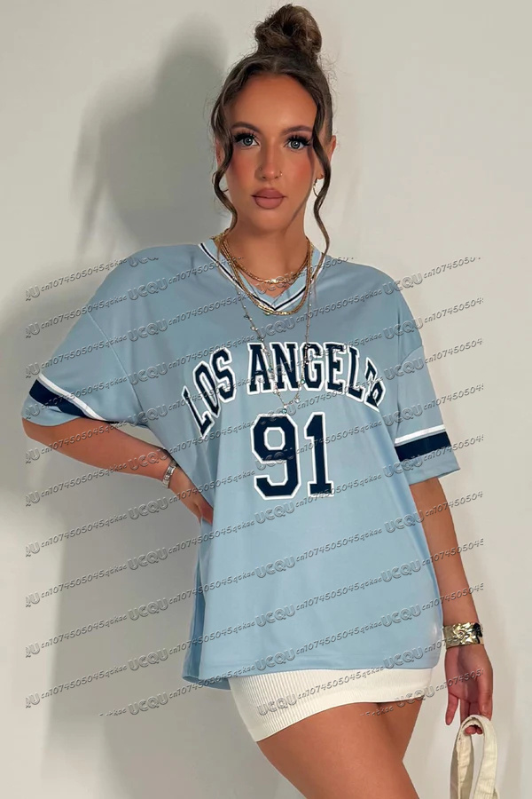 Vêtements de sport d'été Los Angeles No.91 pour femmes, T-shirt en Jersey, col en v, ample, mode, vêtements de rue, manches courtes, loisirs, vacances