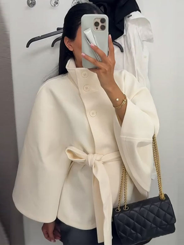 Femmes Cape courte manteaux pour femmes ceinture fausse laine mélanges manteaux automne hiver solide manteaux élégant Cape veste dames 2025