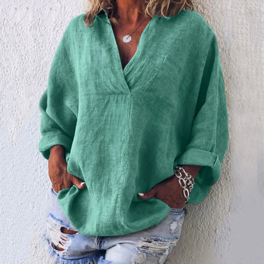 Chemises d'été à la mode pour femmes, couleur unie, col en V, manches longues, décontractées, amples, Style Boho, coton et lin, simples et élégantes
