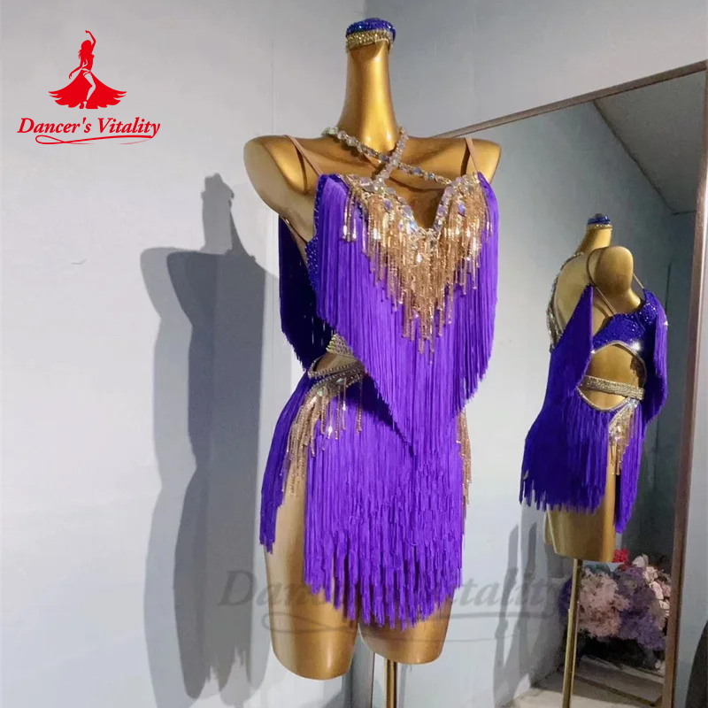 Robe de danse latine à franges pour femmes, vêtements de Performance personnalisés avec pierres AB, Tango Chacha, robes professionnelles de danse latine