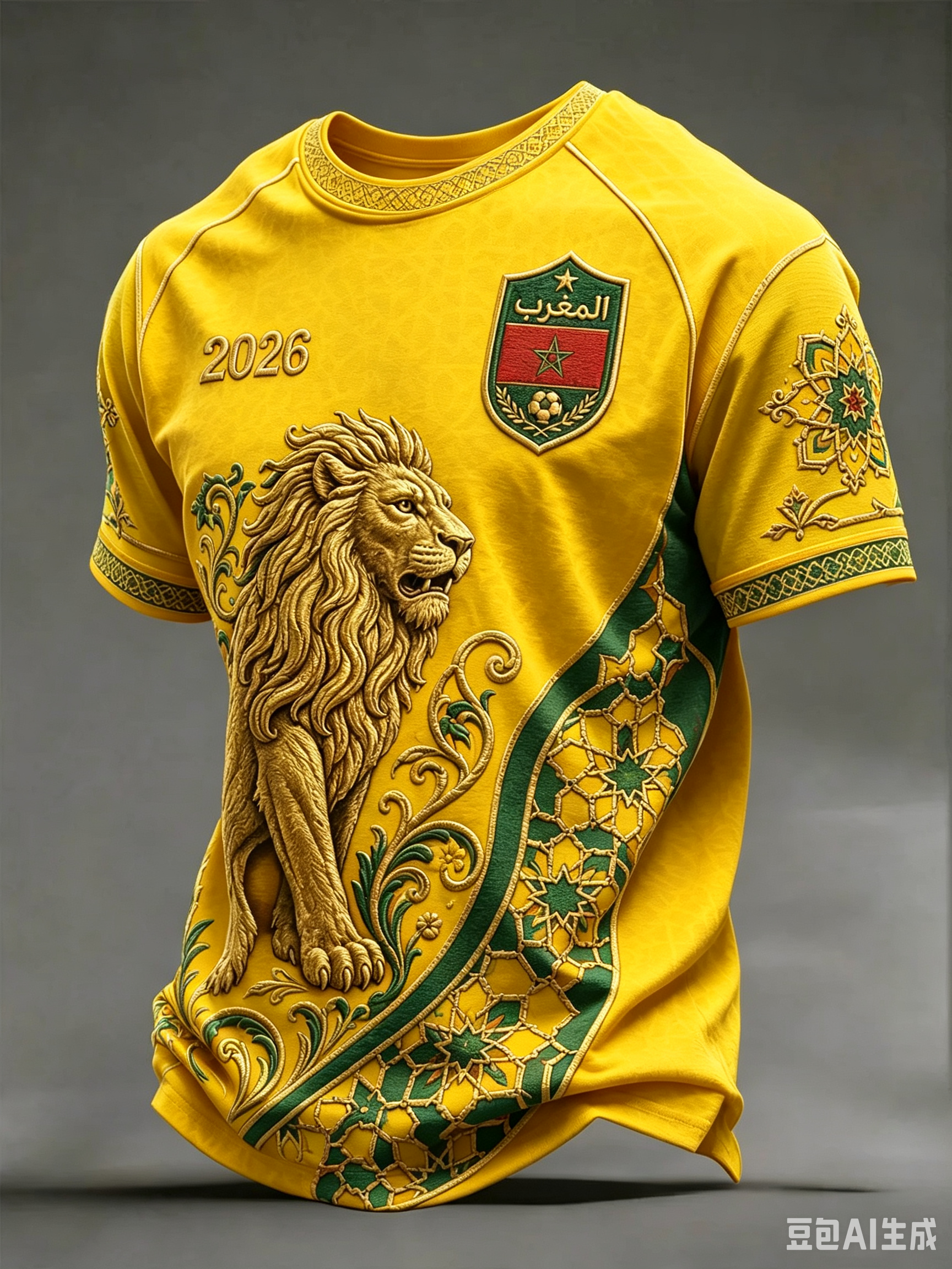 Maillot de football Maroc 2026 avec emblème Lion, broderie mosaïque marocaine complexe, écusson, coloris rouge-vert, garniture ornée, respirant