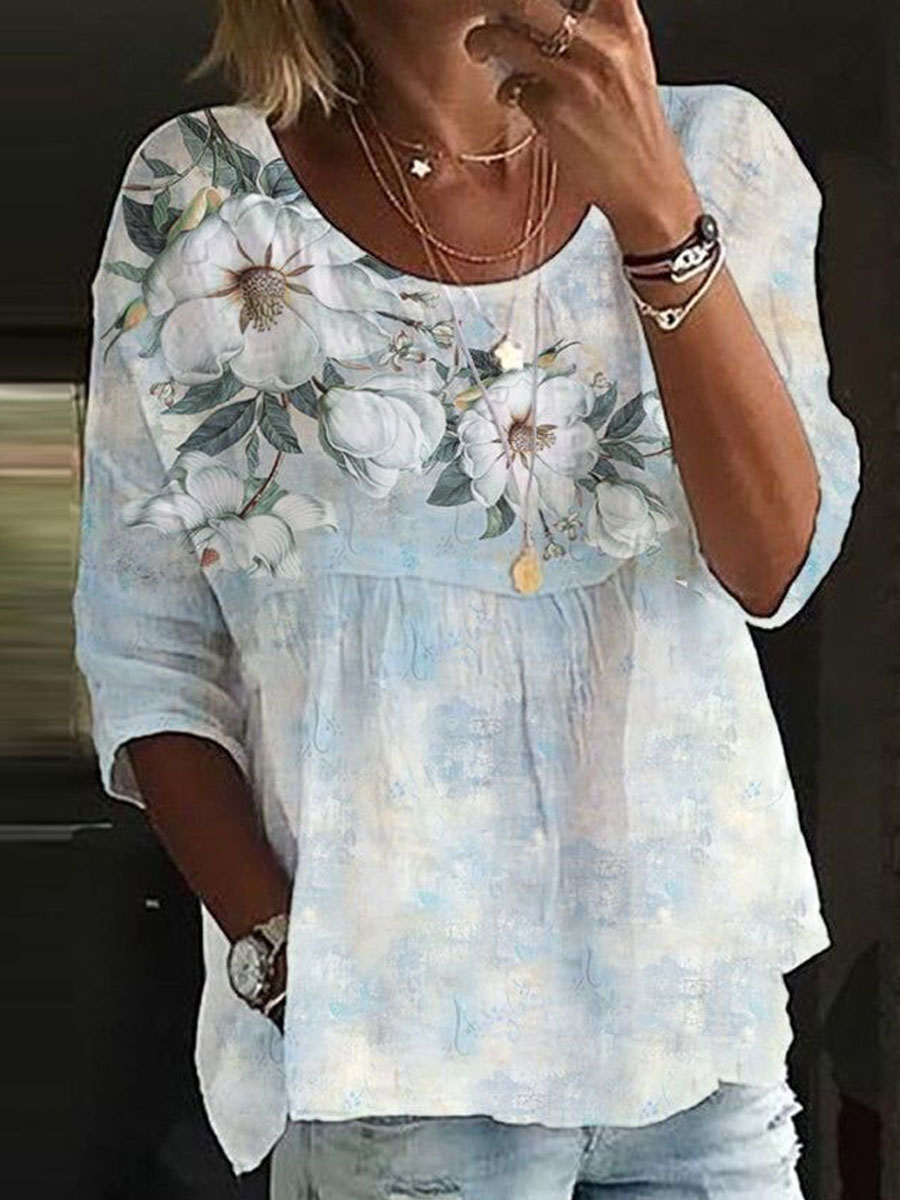 Mode chemise ample femme élégante col rond femme chemise imprimé décontracté femme chemise vacances week-end haut