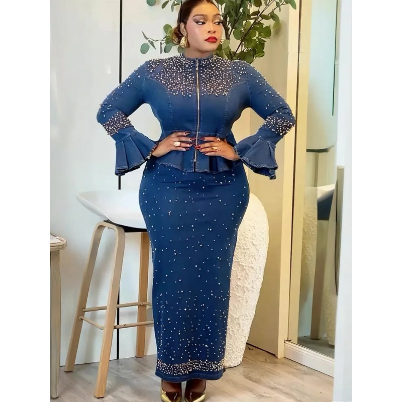 Vêtements africains pour femmes, ensembles 2 pièces, hauts et jupes, costumes Dashiki Ankara, tenue en denim, grande taille, robes de fête de mariage