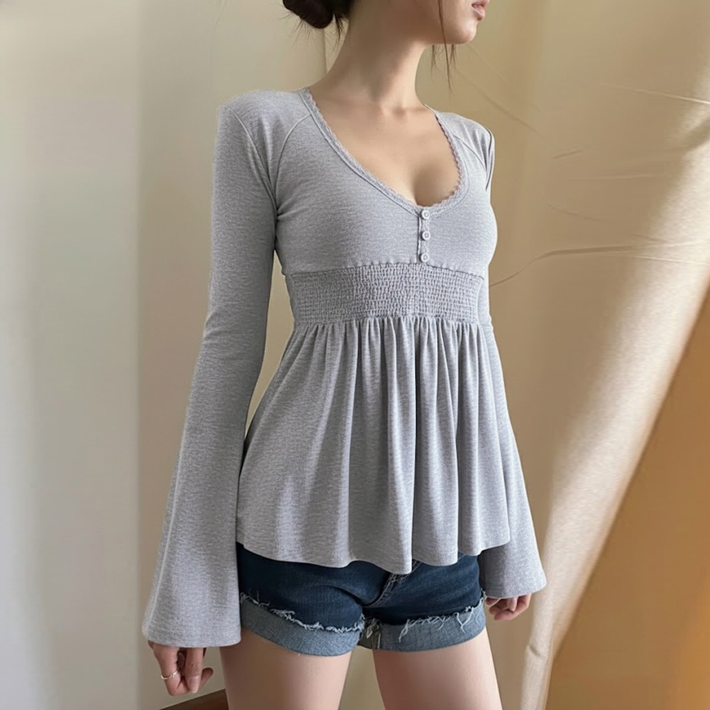 Pull en tricot pour femmes, chemisier Chic français, panneaux en dentelle, col bas, manches cloche, taille cintrée, haut trapèze, nouvelle collection 2025