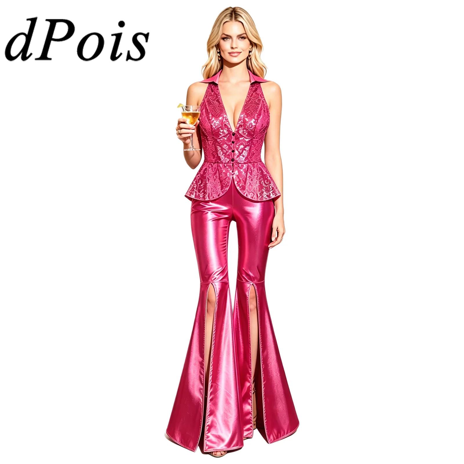 Tenue de soirée pour femmes, style festival, rave, années 70, 80, costume disco, ensemble pantalon, veste à revers, sequins, hauts, pantalons évasés, costumes