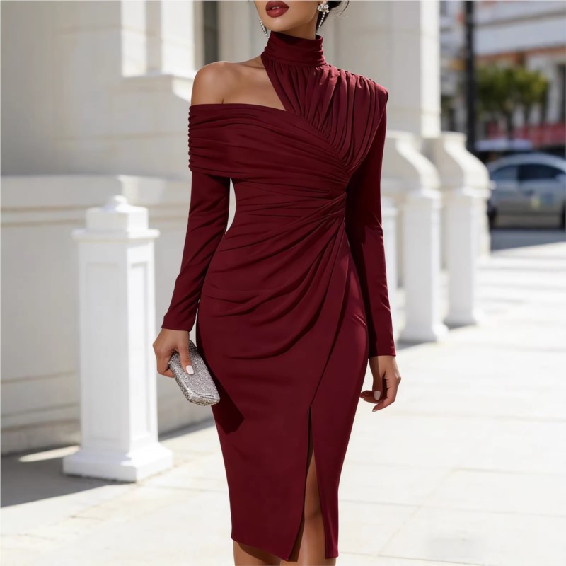 Robe Midi Élégante pour Femme, Couleur Unie, Taille Haute, Design Sexy Épaules Dénudées, Idéale pour Soirées et Bals de Promo