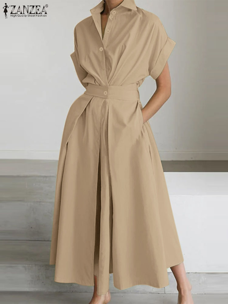 Femmes été OL Robe de travail ZANZEA élégant à manches courtes bureau Robe d'été décontracté solide une ligne boutons vacances robes caftan Robe