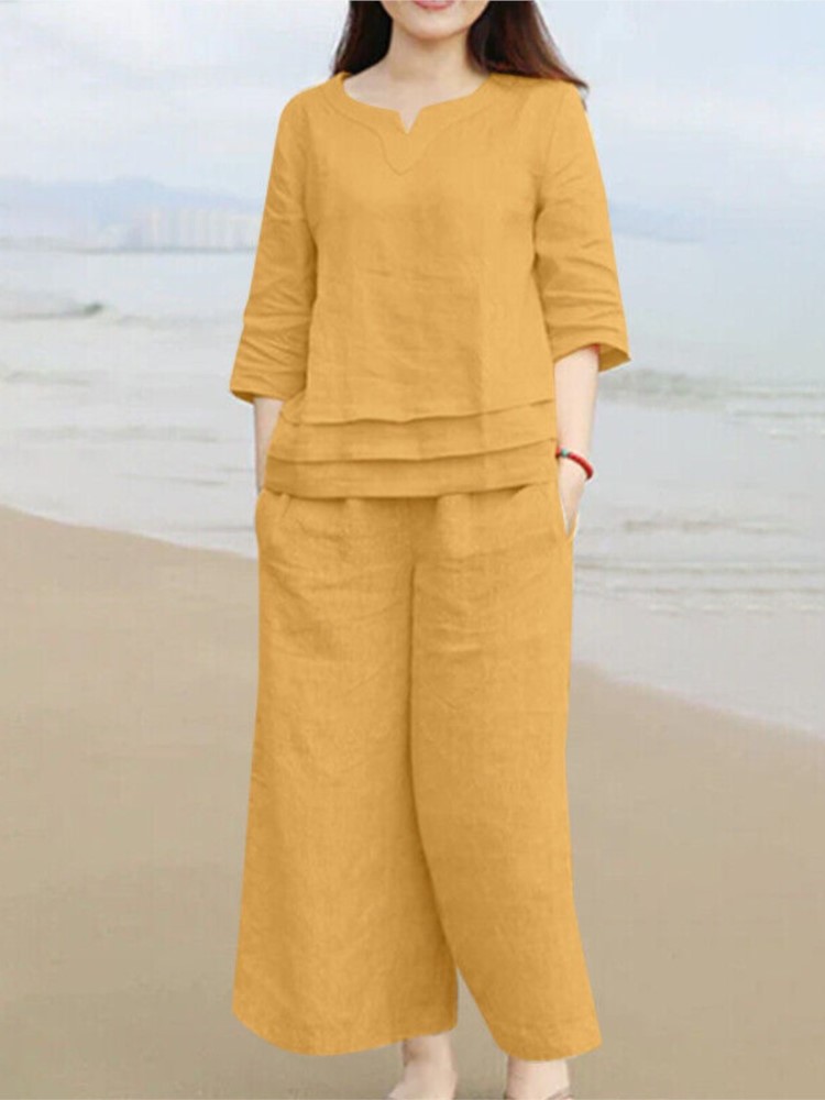 Ensemble pantalon en coton et lin pour femmes, nouveaux Styles décontractés, ample, couleur unie, manchette centrale, poche, ensemble deux pièces, printemps été