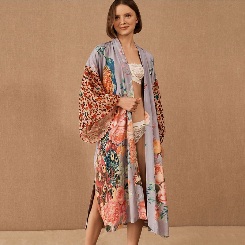 Chemise kimono fluide pour femme, imprimé paon, légère, à devant ouvert, idéale pour la plage, comme tenue de vacances ou à porter sur un maillot de bain