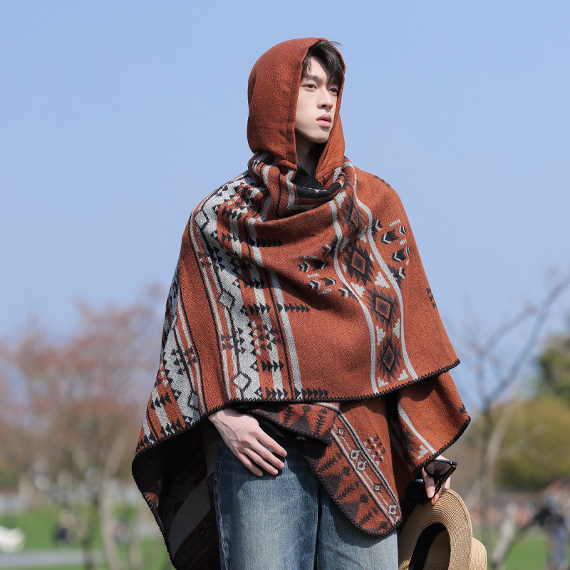 Poncho Homme Style Alpaga Imitation Cachemire, Coupe-Vent Ethnique Polyvalent, Cape Chaude de Voyage Détachable pour les Vacances, Cape Tendance P1