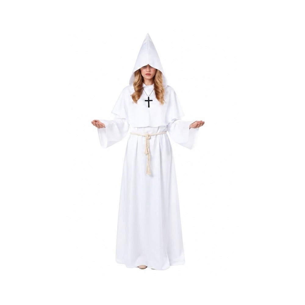 Robe de moine médiévale à capuche, ornée d'une croix rétro, cape à capuche, costume de sorcier/prêtre avec cordon de taille, costume de cosplay d'Halloween