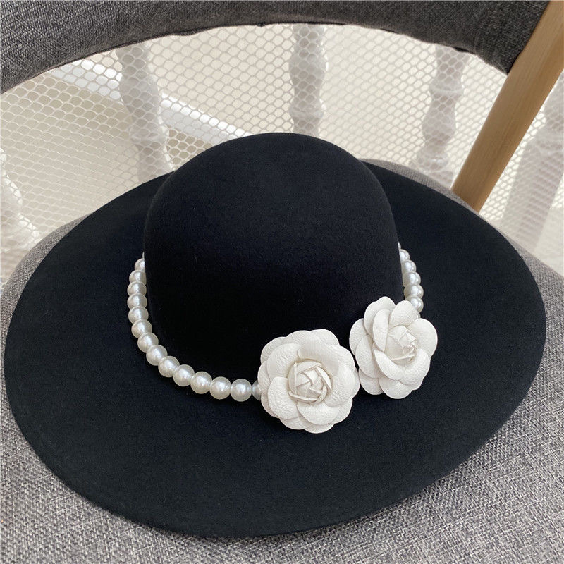 Chapeau haut de forme français à grand bord pour femme, style rétro élégant, Fedora plat, perle florale britannique, chapeau à large bord, photographie, noir