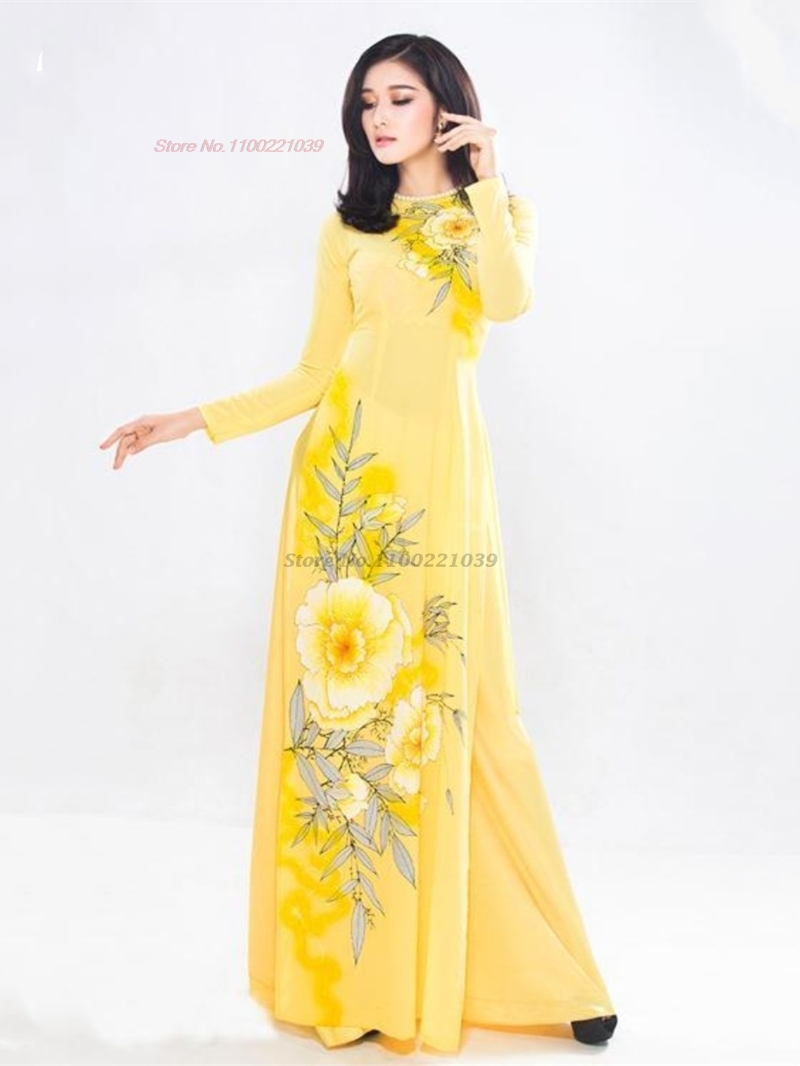 Robe traditionnelle vietnamienne aodai, ensemble robe nationale + pantalon, imprimé floral, qipao, robe de soirée orientale pour banquet, 2026