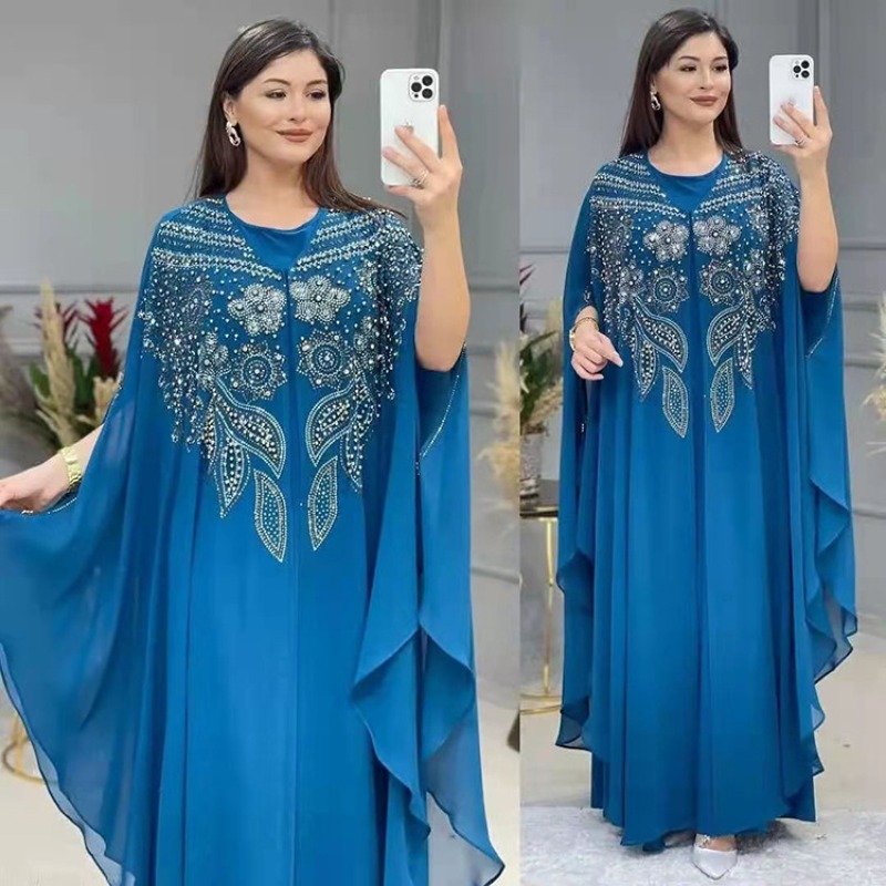 Robe musulmane pour femmes, ample, manches chauve-souris, perlée, longue, Abaya, Kaftan, Robe islamique, ensemble deux pièces