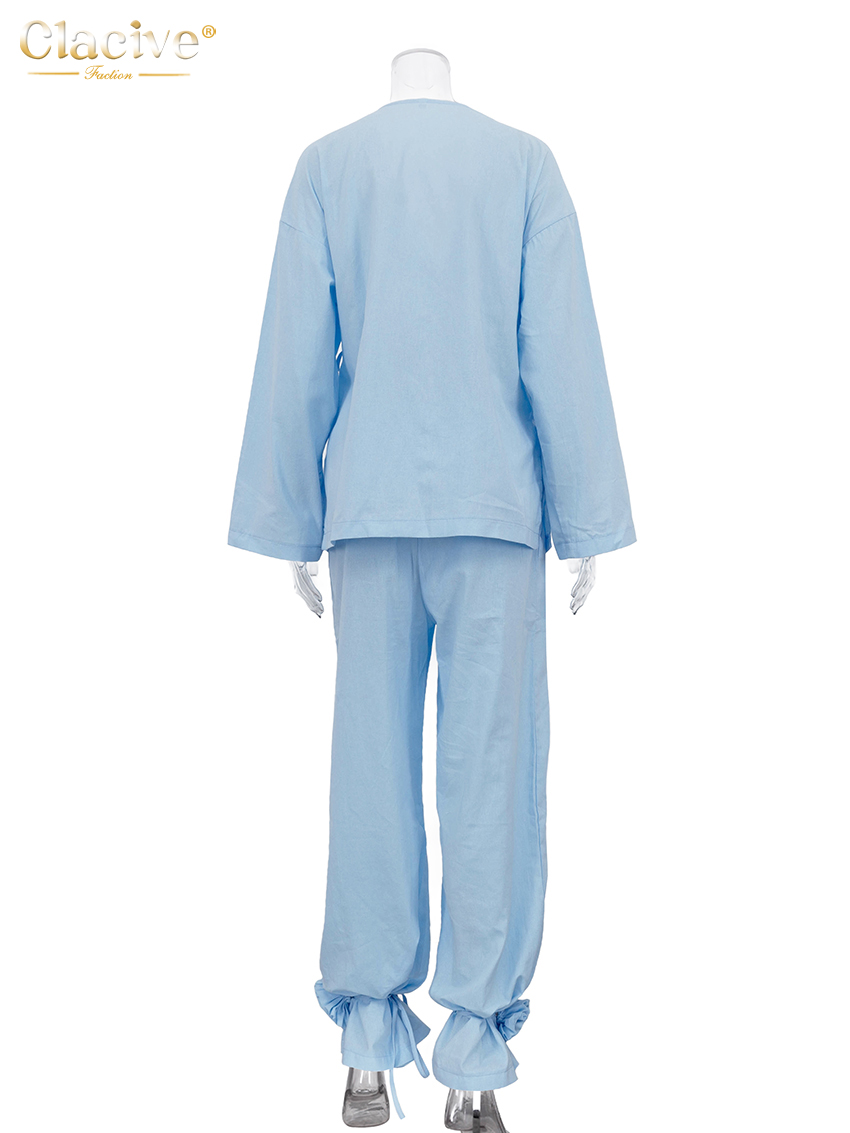 Clacive mode ample bleu deux pièces tenues femme 2025 élégant chemise à manches longues avec taille haute pantalon large ensemble vêtements féminins