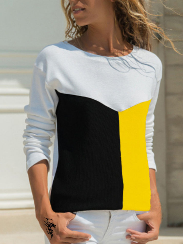 Femmes hiver Blouses t-shirt contraste géométrique à manches longues imprimé lâche femmes chemises printemps automne élégant montre de sport S-5XL