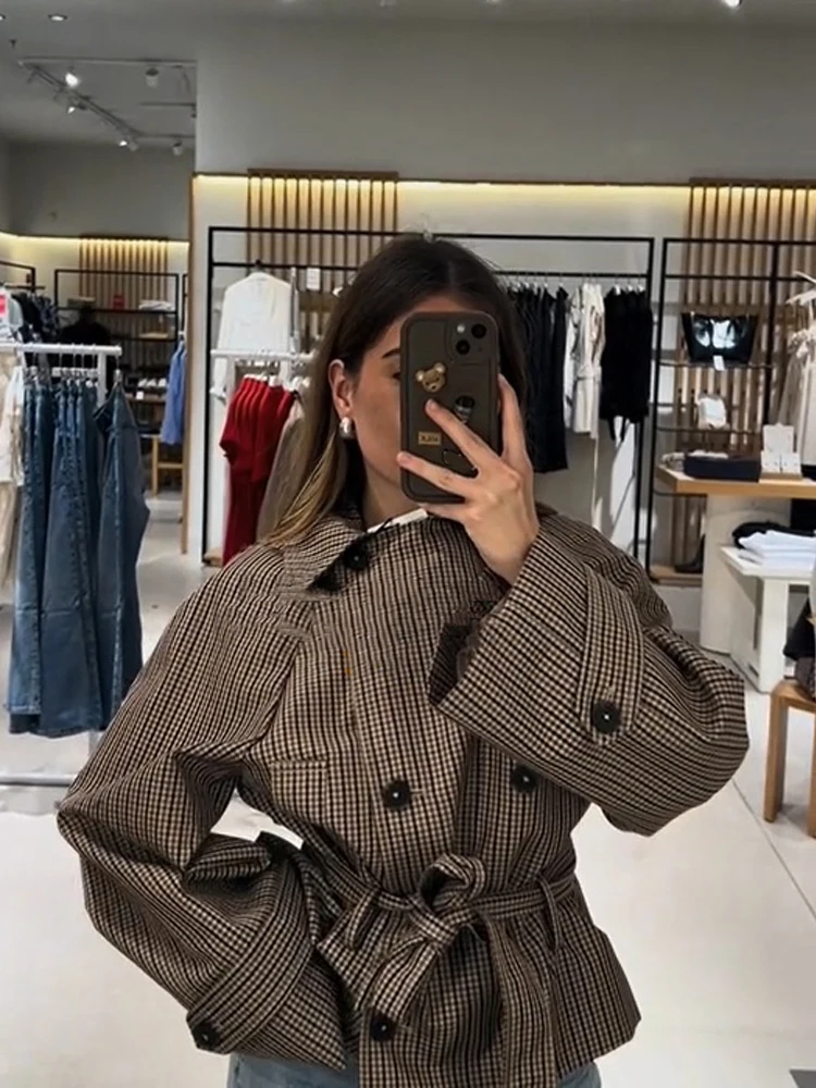 Manteau court à carreaux pour femmes, à col à revers, double boutonnage, ceinturé à la taille, manches longues, coupe ample, veste courte à carreaux, manteaux d'automne pour femmes.