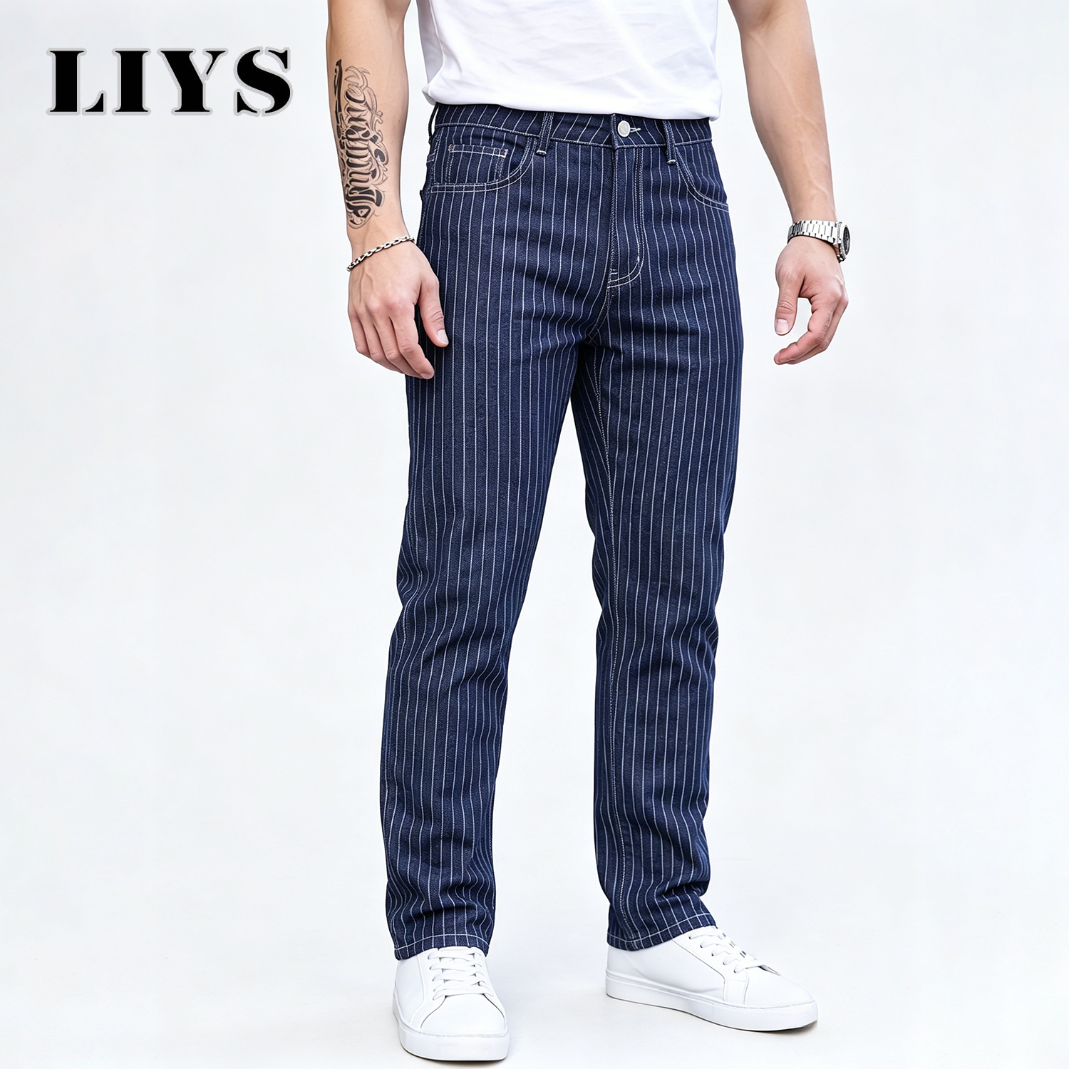 Jean slim jacquard rayé bleu et blanc LIYS, coupe droite élastique, style décontracté chic pour le bureau et les trajets quotidiens ﻿