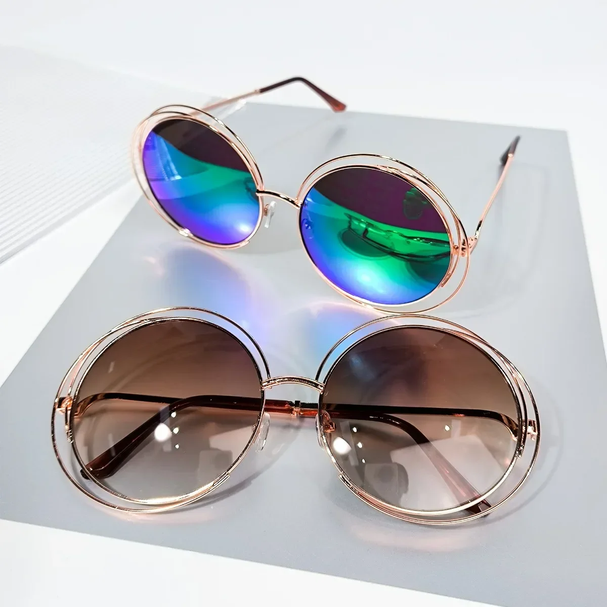 Lunettes rondes surdimensionnées en métal pour femmes, avec verres dégradés, Design rétro élégant, fêtes et événements, accessoires