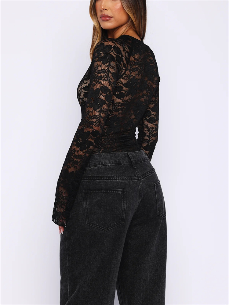 Hauts en dentelle transparente à manches longues pour femmes, coupe ajustée, motif floral découpé, col rond, chemises transparentes pour l'automne