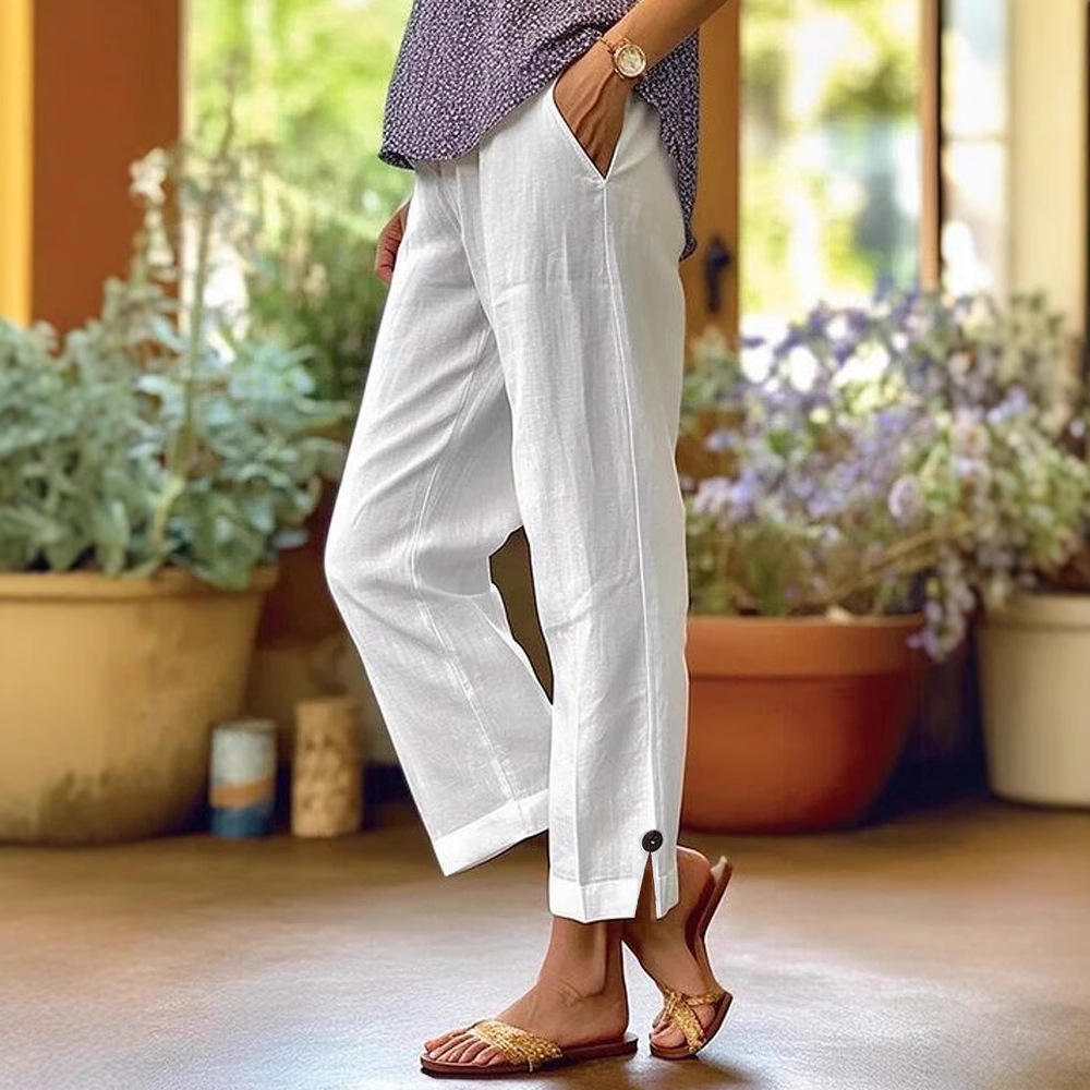 Pantalons décontractés pour femmes mélange de coton et de lin taille élastique poche mode Simple fente bouton basique polyvalent jambe droite pantalon