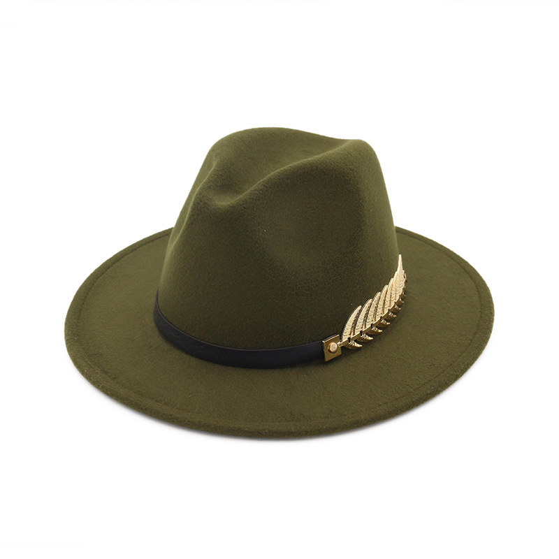 QBHAT tendance hommes femmes laine feutre Panama chapeau Fedora casquettes avec feuilles de métal bande de cuir Jazz Trilby casquette blanc vert jaune chapeaux