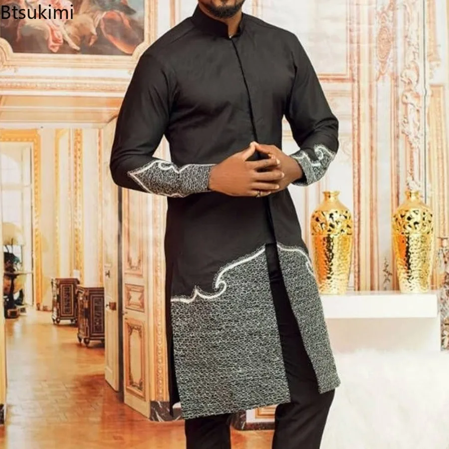 Ensemble Homme Tenue de Mariage Africaine Perles Manches Longues Haut et Pantalon Kaftan Vêtements Traditionnels Costumes Ethniques Décontractés Costume 2 Pièces pour Homme
