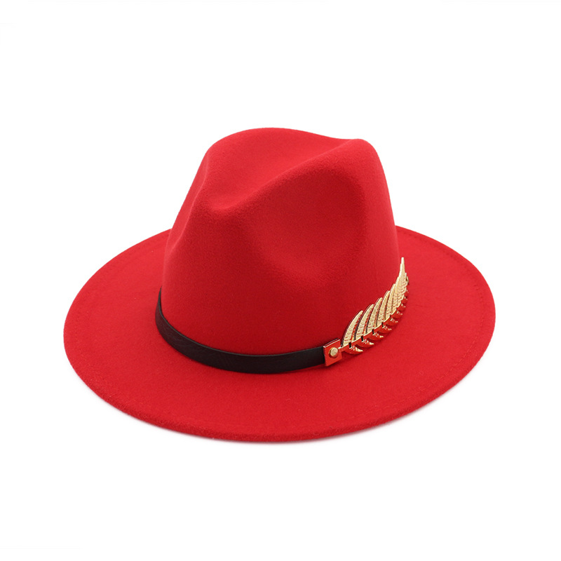 QBHAT tendance hommes femmes laine feutre Panama chapeau Fedora casquettes avec feuilles de métal bande de cuir Jazz Trilby casquette blanc vert jaune chapeaux