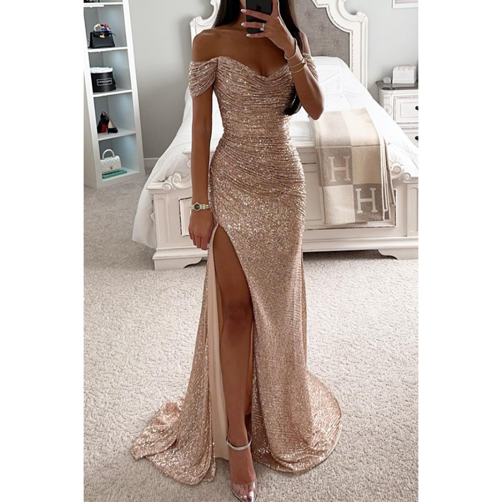 Robe de bal fendue Sexy pour femmes, robe à paillettes, mode élégante, épaules dénudées, Maxi, 2026