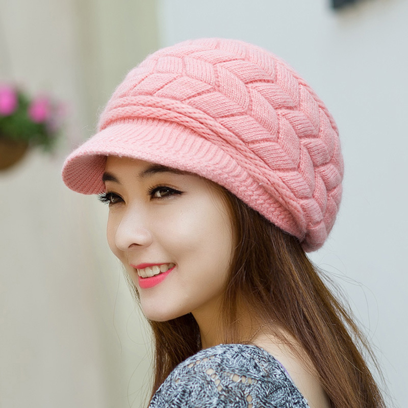 Chapeau tricoté chaud pour femme, Double couche, en velours, visière, décontracté, pour l'hiver