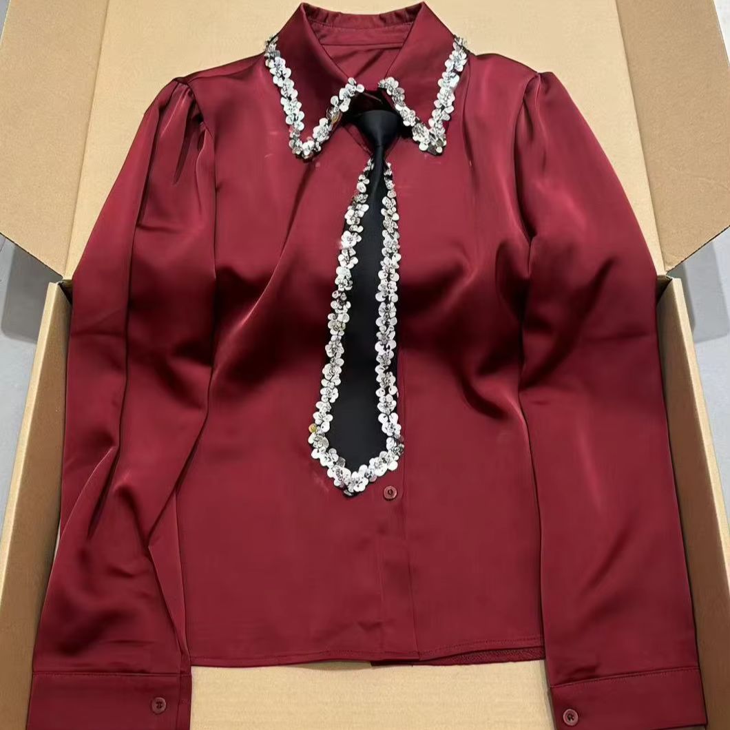 Chemisier blanc de luxe à sequins et cravate pour femme, nouvelle collection printemps-automne, chemisier en satin pour femme, hauts de bureau, vêtements de soirée pour femme