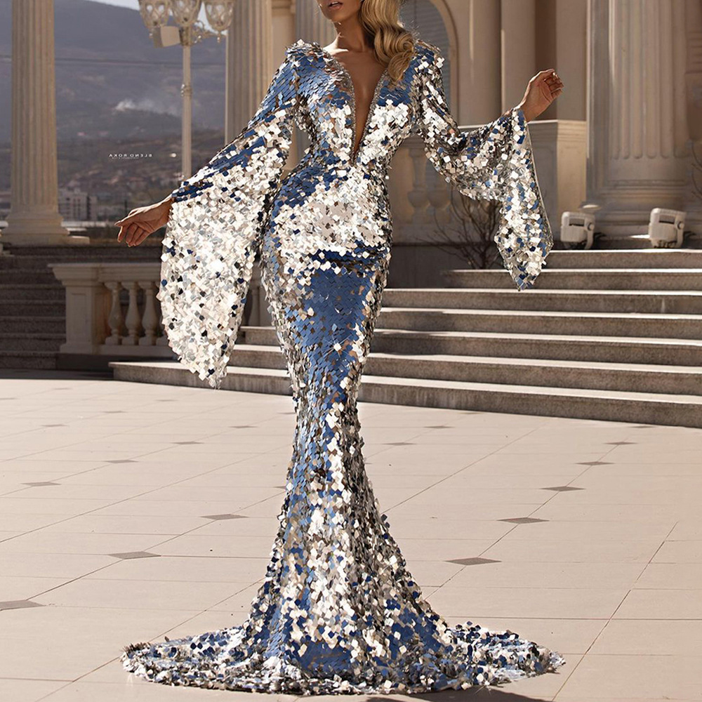 Robe de soirée sirène élégante pour femme, sexy, à col en V, ornée de sequins argentés, moulante, à manches évasées