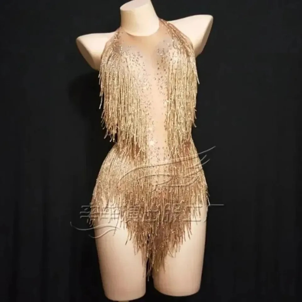 Costume de danse de fête en boîte de nuit pour femmes, vêtements de scène, justaucorps à franges sexy, vêtements de Performance, strass scintillants, body à franges