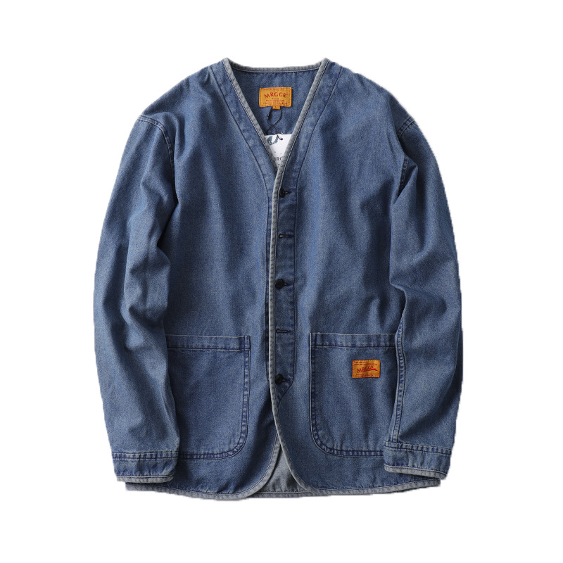 Veste en jean rétro japonaise pour homme, style workwear, délavée, sans col, pour le printemps