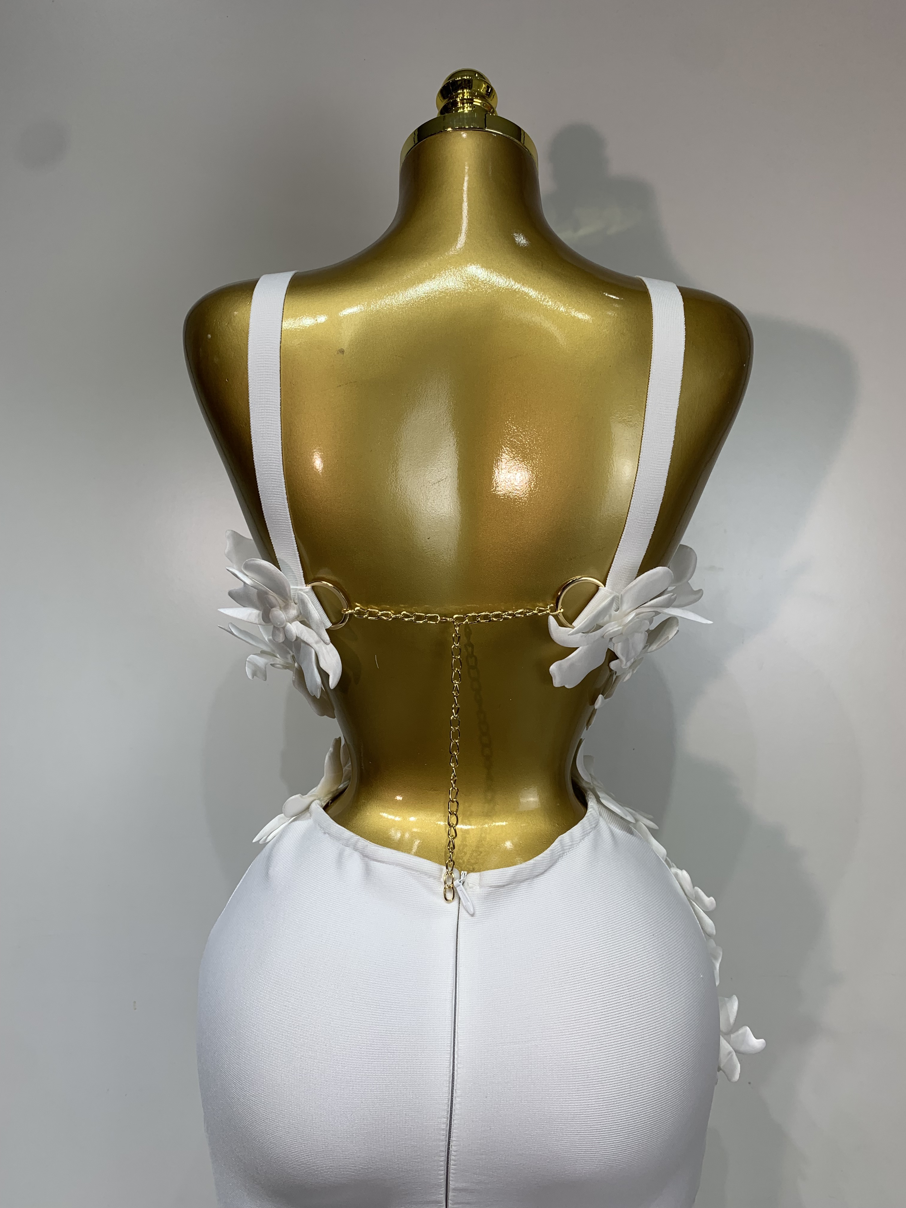 Ensemble deux pièces sexy blanc à fleurs pour femme, col en V, bandage, robe de soirée, de bal, de boîte de nuit, tenue de luxe pour anniversaire