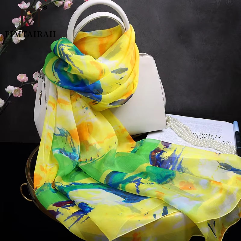 Foulard en soie imprimé jaune pour femme, châle long, doux et élégant, mode printemps automne hiver et été, 100%
