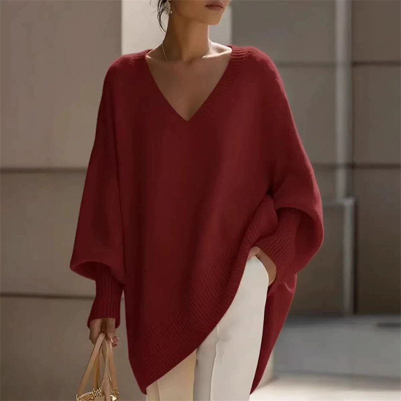 Pull en maille pour femme à manches chauve-souris, couleur unie, col en V, pull basique doux en tricot