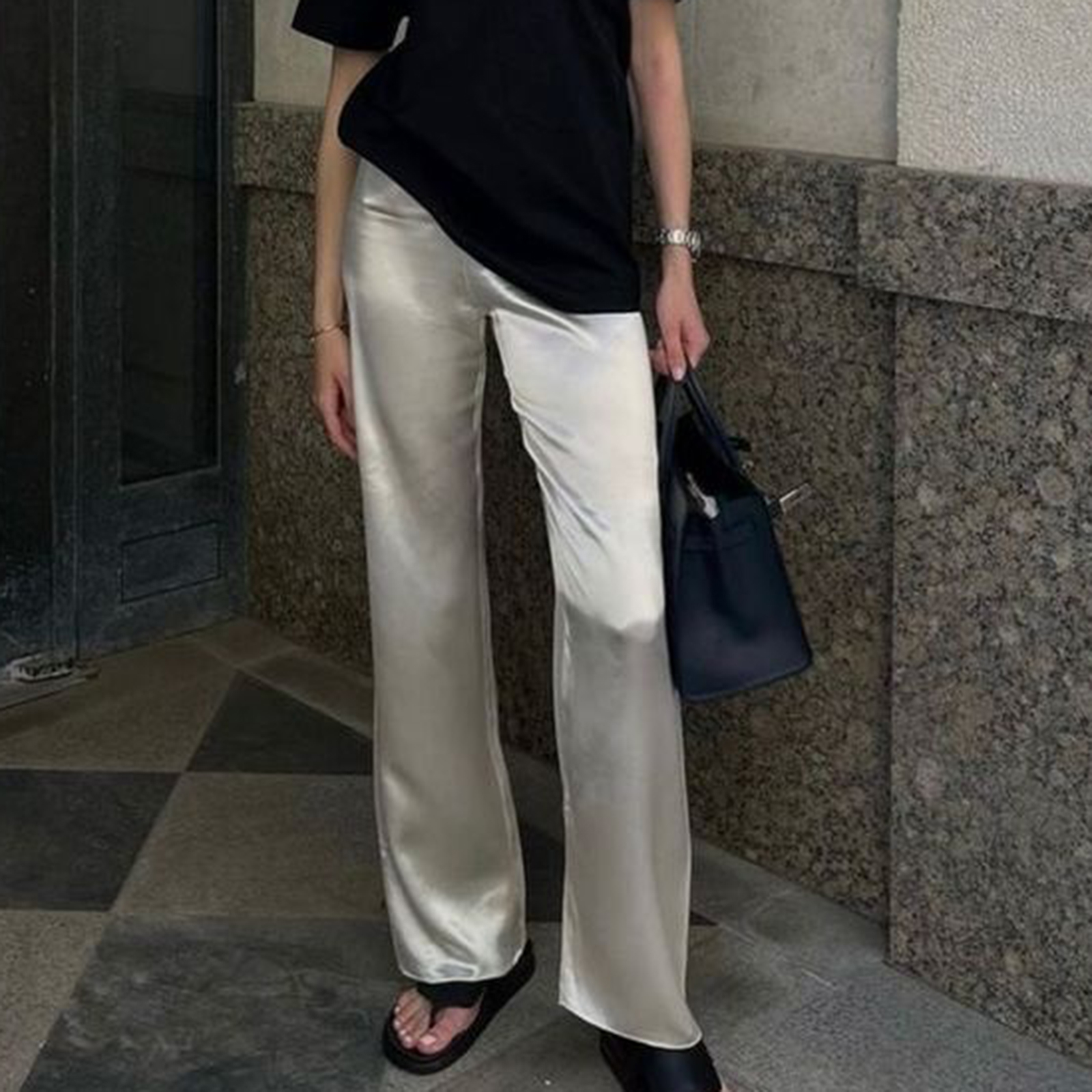 Pantalon de robe élégant pour femme en satin couleur unie, coupe large, taille élastique, coupe ample, long, style rétro années 00, streetwear