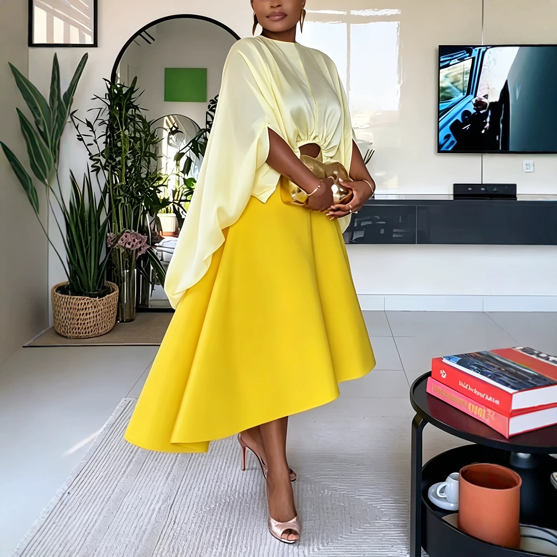 Ensemble deux pièces en satin pour femme : haut court à manches chauve-souris et jupe midi asymétrique avec poches – Ensemble élégant et assorti