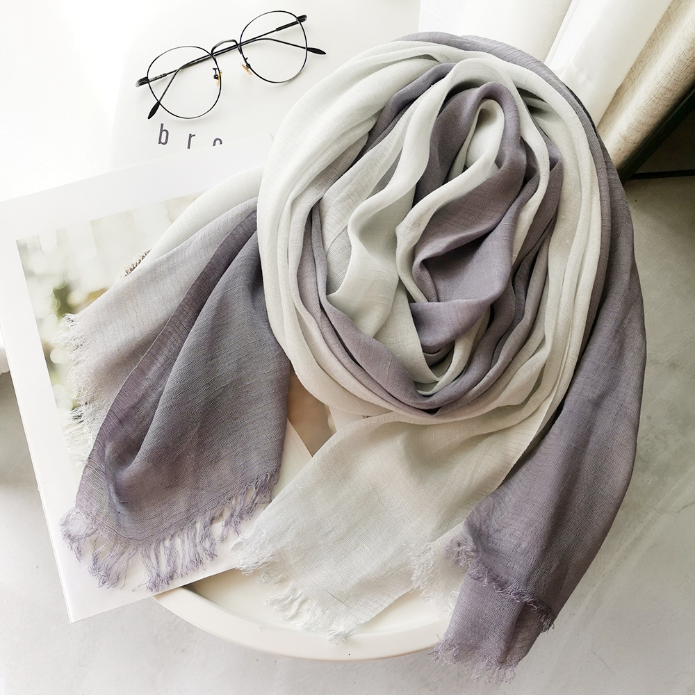 Écharpe unisexe en coton et lin de style japonais, dégradé de couleurs, automne-hiver, longues écharpes et châles doux, bufanda courte à franges pour femme