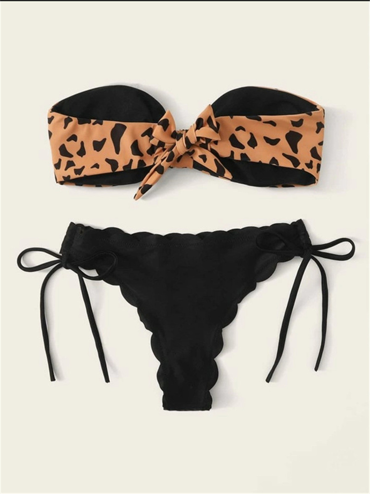 Maillot de bain femme 2026 sexy, style bikini bandeau, imprimé léopard, avec laçage frontal, push-up, volants et nœud, coupe string