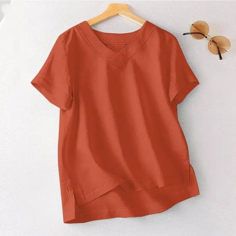 T-shirt d'été grande taille pour femmes, nouveau modèle décontracté en coton uni, col en V, manches courtes, coupe ample