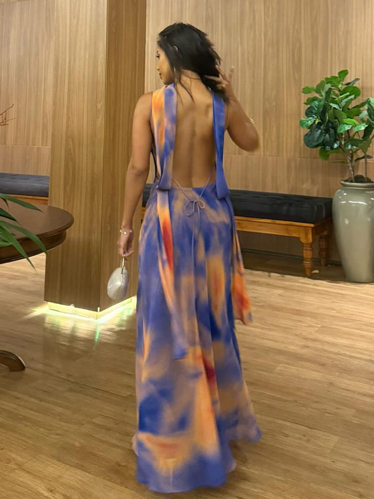 HH femmes mode col en v imprimé longue écharpe sans manches robe mince femme élégante Sexy dos nu fête a-ligne robe à bretelles Mujer